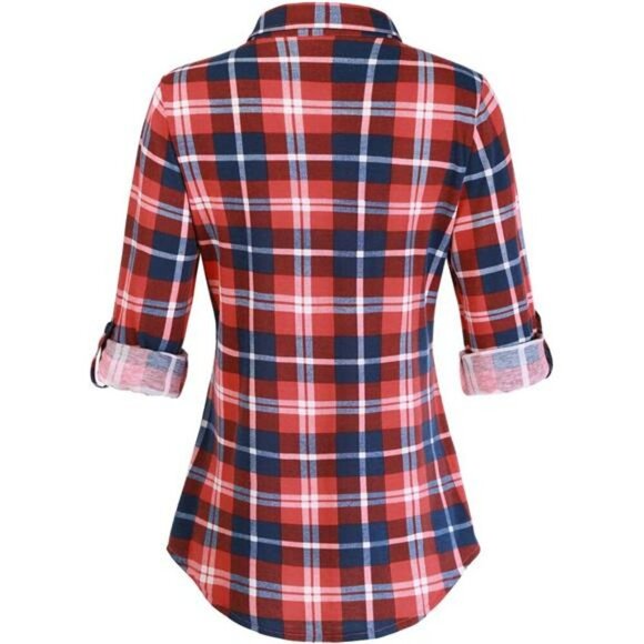 Plaid Button Down Shirt Womens Long Sleeve Collared Roll Up Stretchy Top - Picture 3 of 7